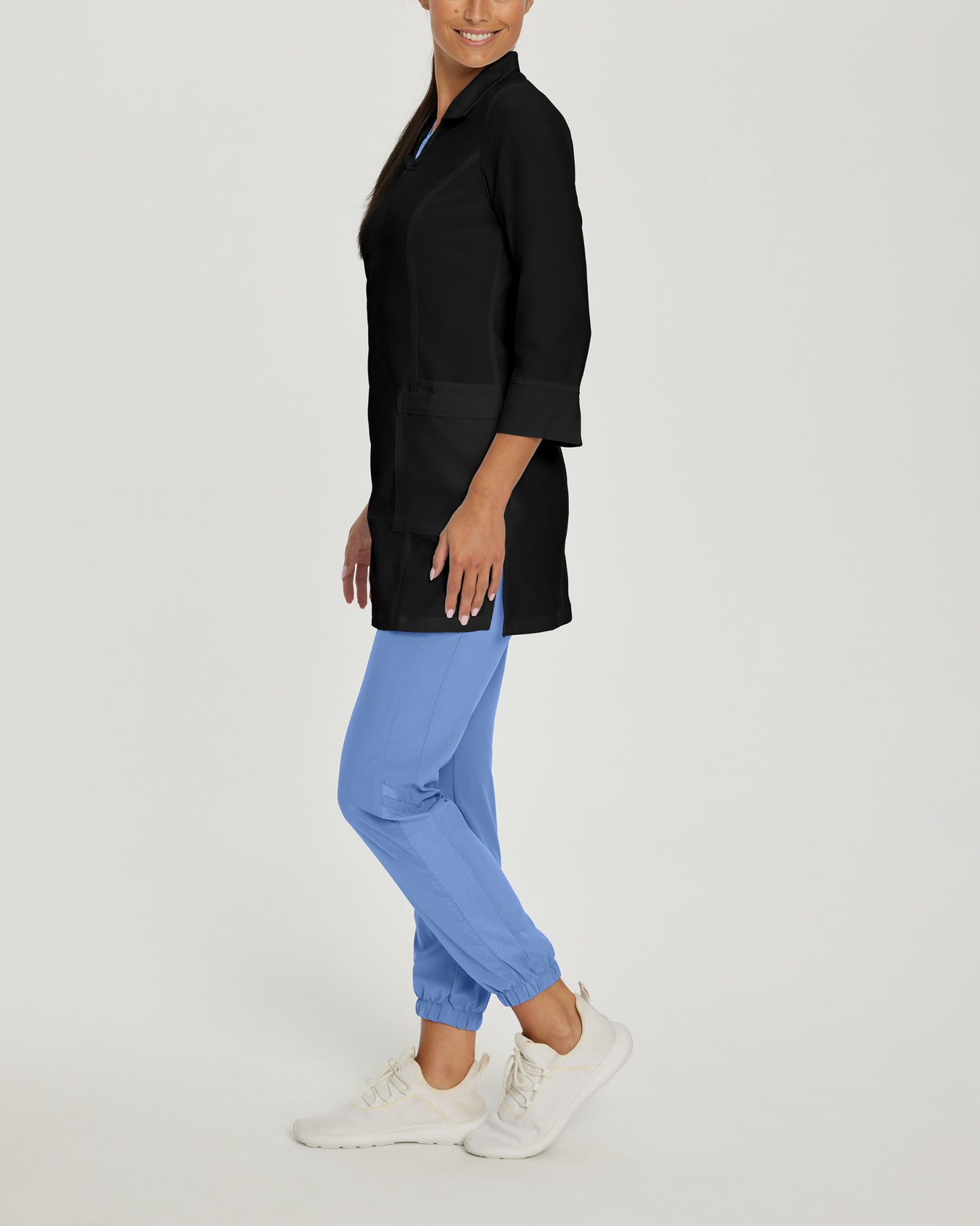 FIT 3-Pocket Mid-Length White Coat  | Black