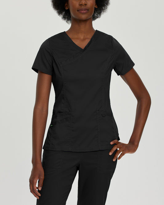 ProFlex 3-Pocket Mock Wrap Neck Top  | Black