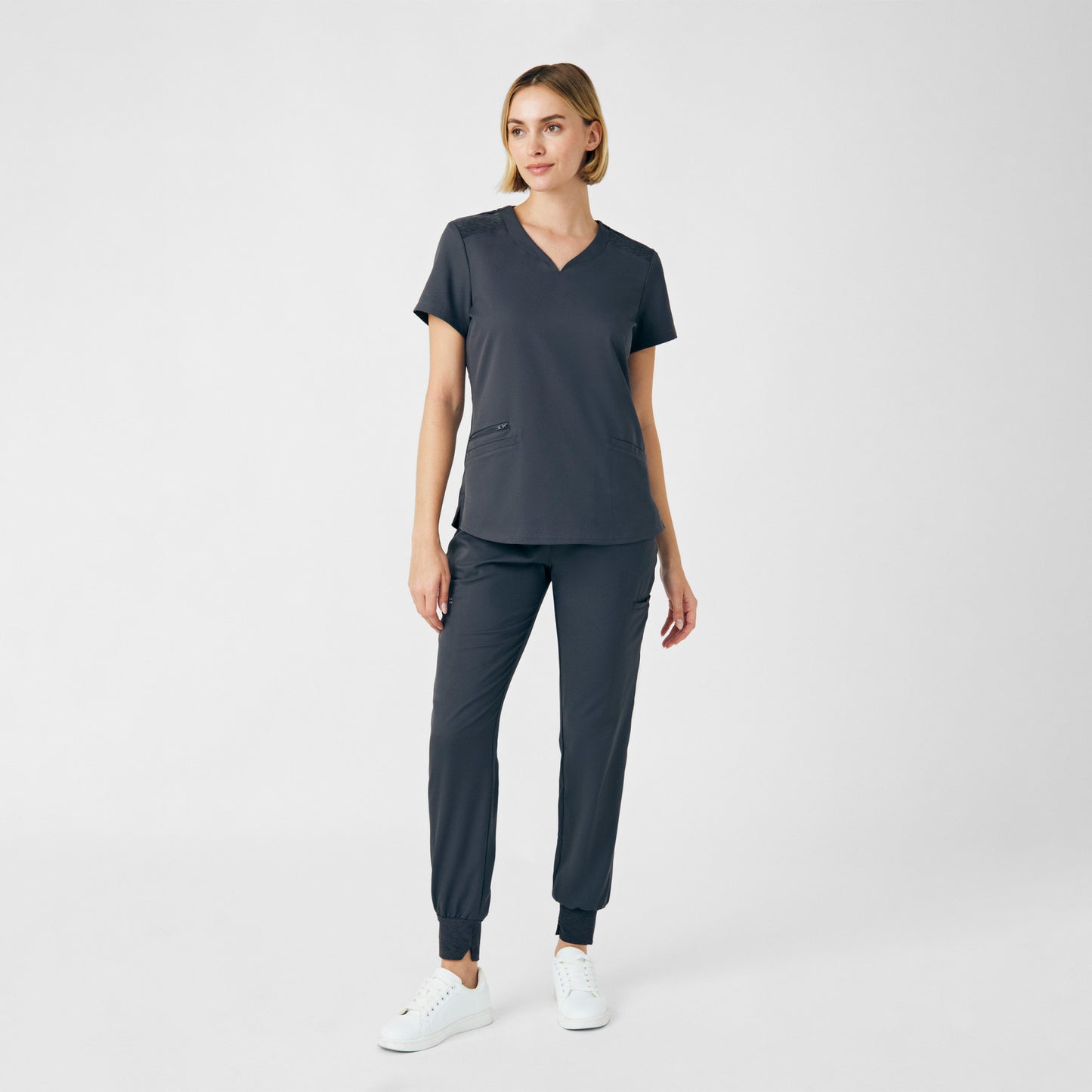 VIBE 3-Pocket V-Neck Top  | Pewter